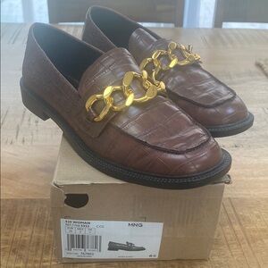 Mango Gold Chain Brown Leather Slip-Ons